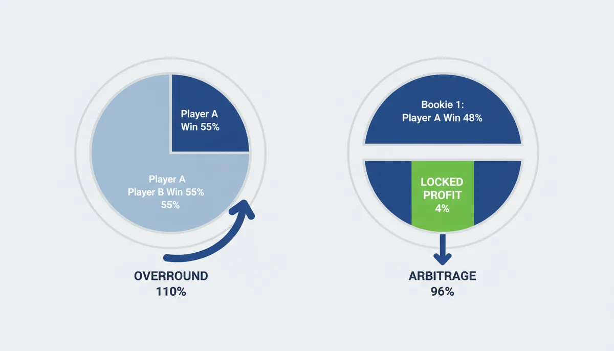 A comparison diagram. On the left, a single abstract betting market shows two outcomes, 'Player A' and 'Player B', with their implied probabilities visually adding up to more than 100%, indicating an 'Overround'. On the right, two separate abstract betting markets are combined, showing 'Player A' from Bookmaker 1 and 'Player B' from Bookmaker 2. Their combined implied probabilities add up to less than 100%, with the difference clearly labeled as 'Locked Profit'.