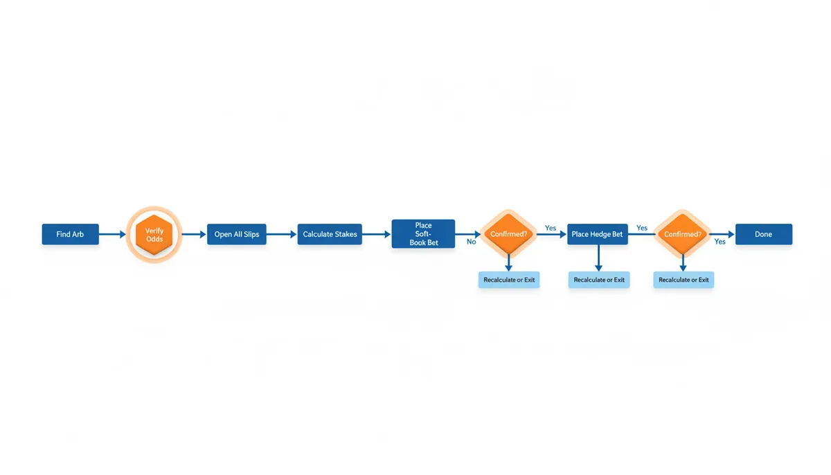 A flowchart detailing the steps of placing an arbitrage bet. The sequence is: Find Arb, Verify Odds (highlighted), Open All Slips, Calculate Stakes, Place Soft-Book Bet. This leads to a 'Confirmed?' decision point (highlighted). If No, it branches to Recalculate or Exit. If Yes, it proceeds to Place Hedge Bet. This leads to another 'Confirmed?' decision point (highlighted). If No, it branches to Recalculate or Exit. If Yes, the process ends with Done.