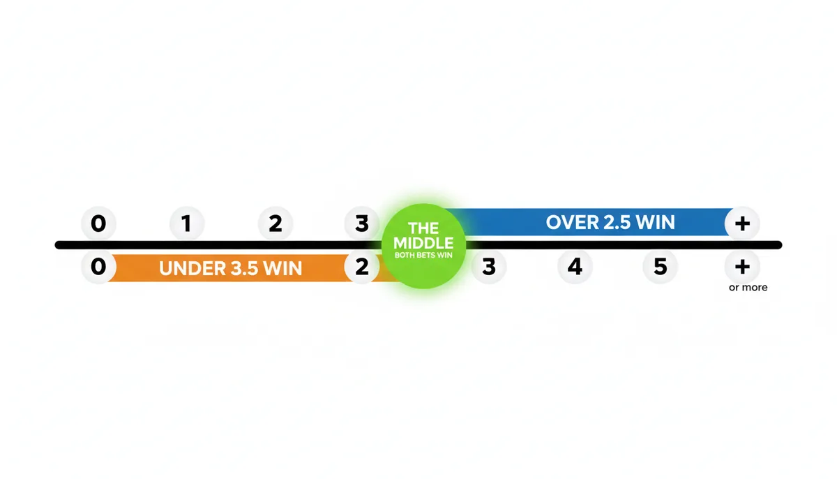 A number-line diagram showing goal totals. A green bar represents the 'Over 2.5 Win Zone', starting from 3 and extending upwards. A blue bar represents the 'Under 3.5 Win Zone', starting from 3 and extending downwards. The point at '3 Goals' where these two bars overlap is highlighted and labeled 'The Middle (Both Bets Win)', indicating where both bets would win.