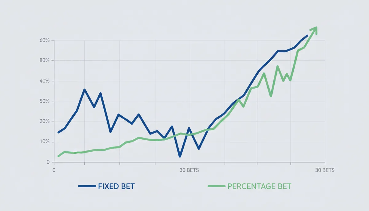 Et linjediagram, der sammenligner to bankroll-udviklinger over 30 væddemål. Den faste indsatslinje viser større udsving, mens den procentvise indsatslinje er glattere og mere stabil.