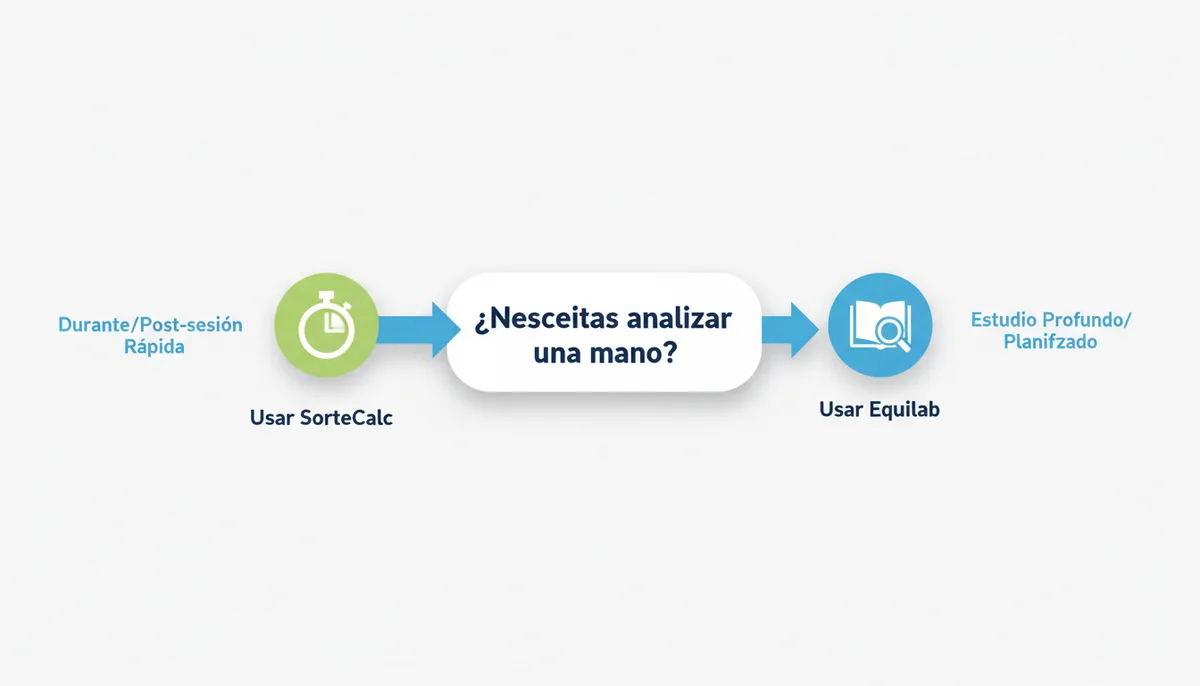 Diagrama de flujo de decisión. Pregunta central: '¿Necesitas analizar una mano?'. Ramificaciones: 'Durante/Post-sesión Rápida' lleva a 'Usar SorteCalc'. 'Estudio Profundo/Planificado' lleva a 'Usar Equilab'.