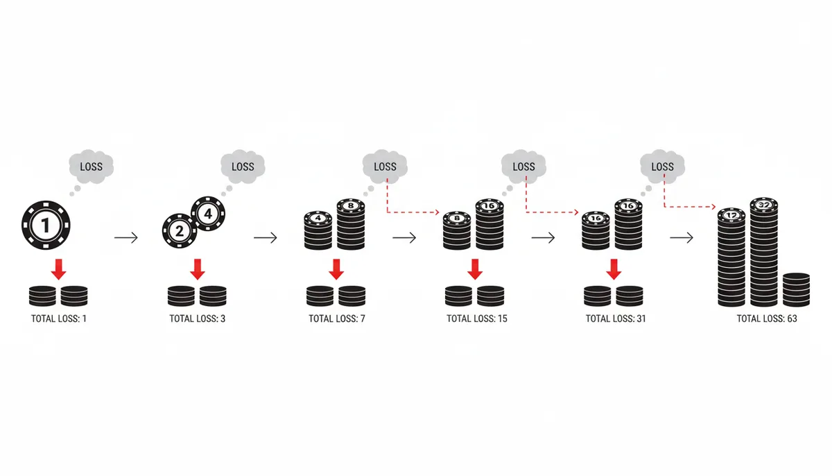 Un diagrama que ilustra la secuencia de apuestas en el sistema Martingala tras seis pérdidas consecutivas: 1, 2, 4, 8, 16, 32 unidades, mostrando el aumento exponencial de la apuesta.