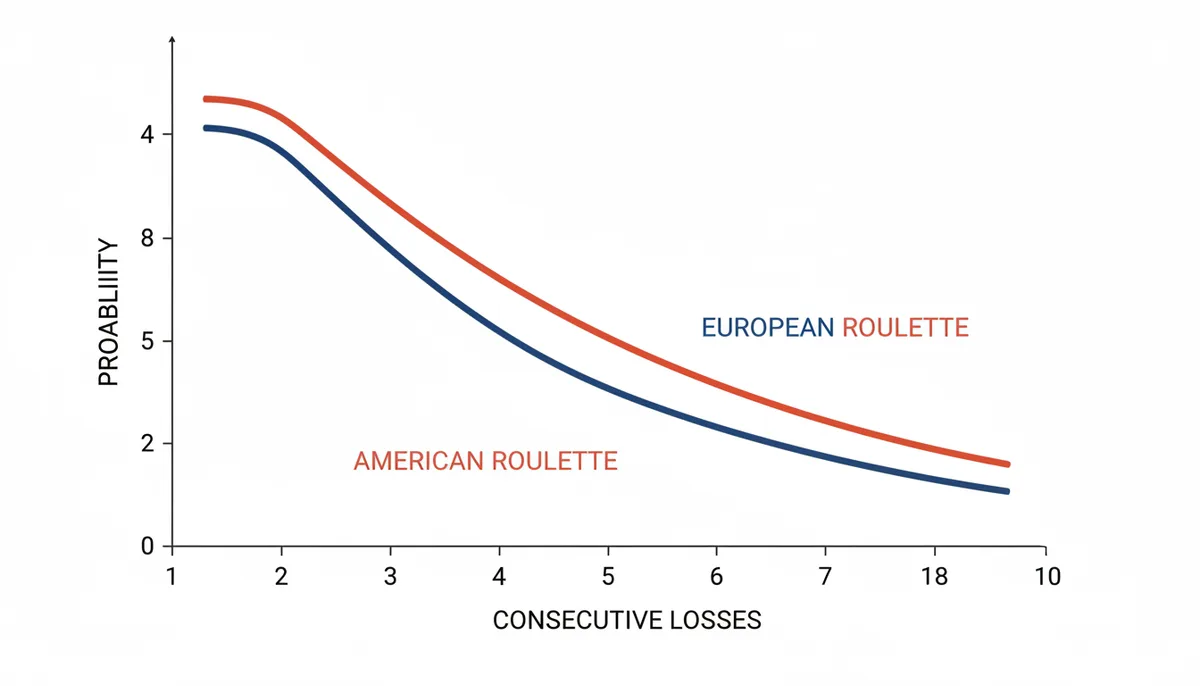 Un gráfico de líneas que compara la probabilidad de rachas de pérdidas consecutivas en la ruleta europea y americana, mostrando cómo la probabilidad disminuye con cada pérdida adicional.