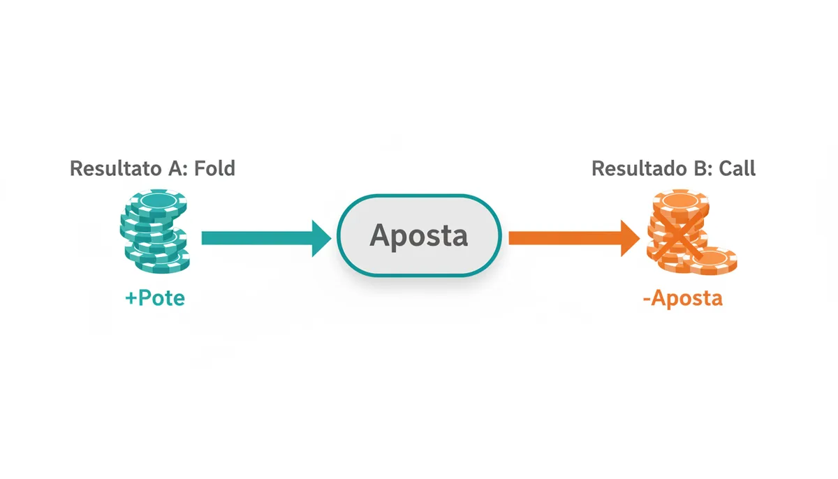 Um diagrama de decisão que mostra uma aposta a ramificar-se em dois resultados: um caminho 'Fold' que leva a um ganho de pote (fichas verdes) e um caminho 'Call' que leva a uma perda de aposta (fichas vermelhas).