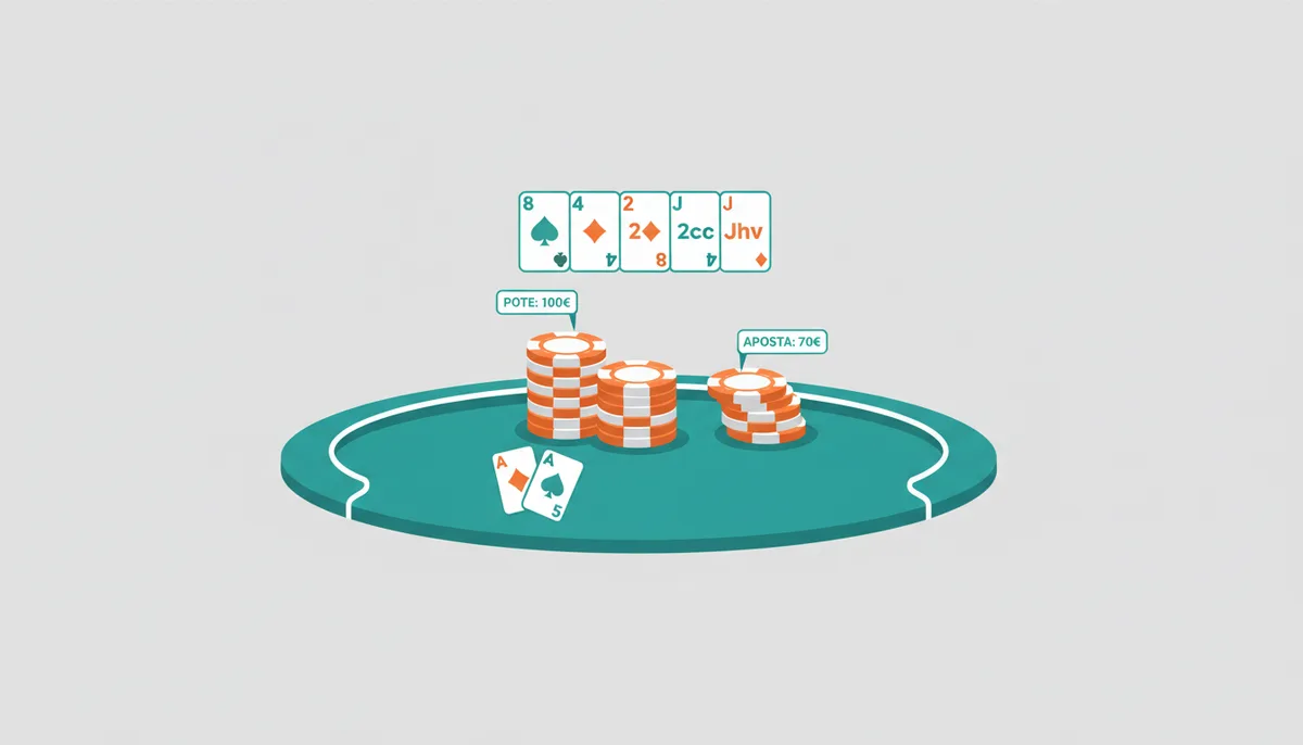 Uma representação de uma mesa de póquer com quatro cartas comunitárias (board), duas cartas de mão (com dois espadas), um pote de 100€ e uma aposta de 70€.