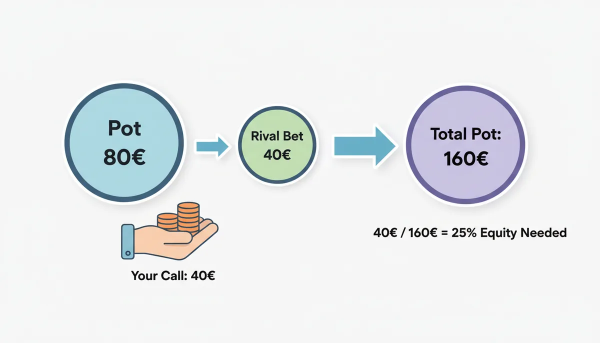 Diagrama que explica las pot odds. Un bote de 80€, una apuesta del rival de 40€, y tu pago de 40€, resultando en un bote total de 160€. La ecuación muestra que se necesita un 25% de equity (40€ / 160€).
