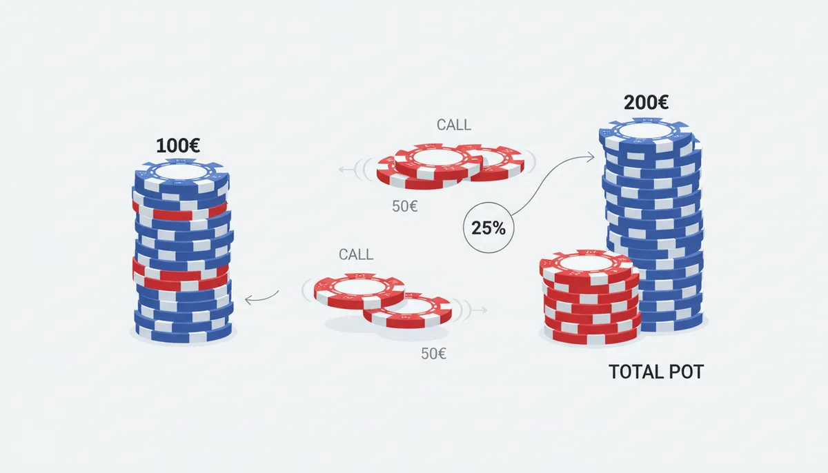 Diagrama de un bote de póker de 100 €, con una apuesta de 50 € del rival y un call de 50 € del jugador. Se muestra la suma de 100 + 50 + 50 = 200 € como el bote final, y la división 50 / 200 = 25 %.