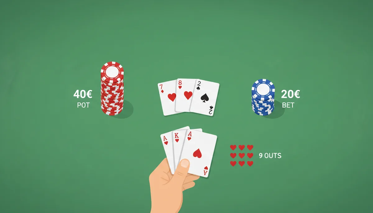 Mesa de póker con la mano del jugador (As de Corazones, Rey de Corazones), el flop (Siete de Corazones, Ocho de Corazones, Dos de Picas), un bote de 40 € y una apuesta de 20 € del rival. Nueve iconos de corazón están señalados como 'outs'.