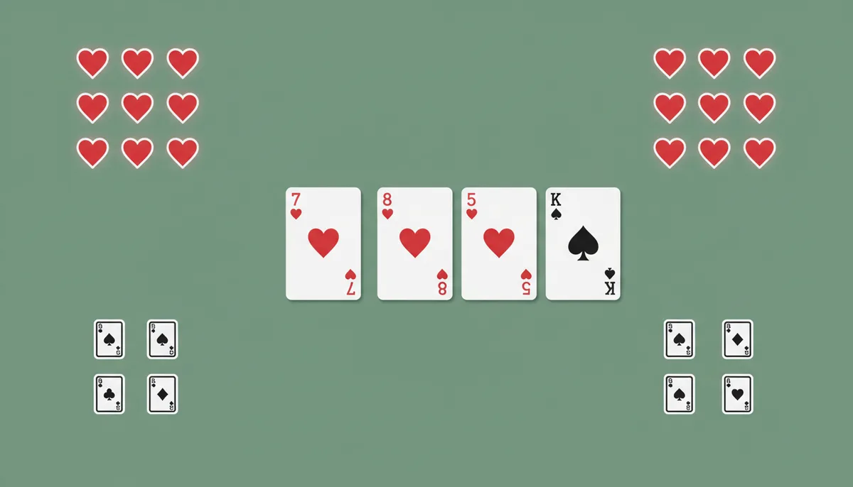 Uma mão de póquer com 7 de copas e 8 de copas, e um flop de 5 de copas, 6 de copas, e Rei de espadas. Em redor, estão nove ícones de copas e seis ícones de cartas genéricas, representando os 'outs' que podem completar um flush ou uma sequência.