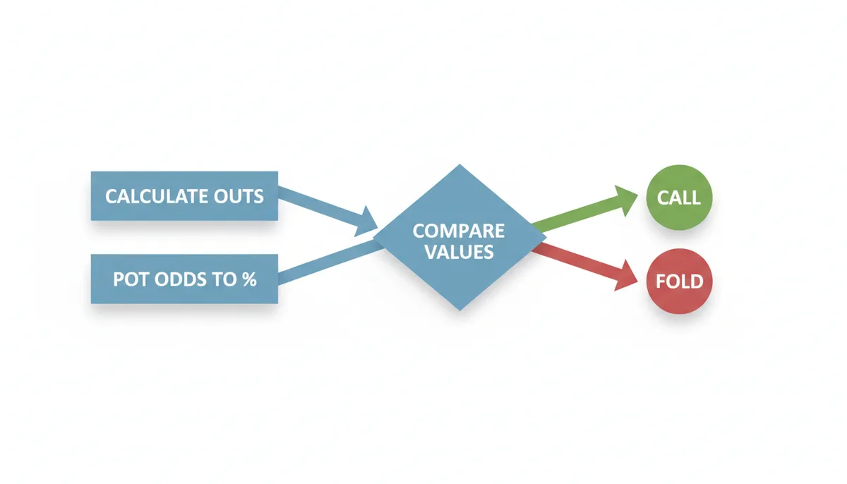 Um fluxograma mostrando o processo de decisão no póquer. Começa com 'Calcular Outs', seguido de 'Converter Pot Odds em Percentagem'. Ambos levam a 'Comparar Valores', que por sua vez leva a 'Call' ou 'Fold'.
