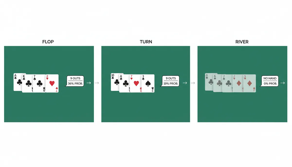 Uma sequência de três painéis que ilustram uma mão de póquer. O primeiro painel mostra o flop com Ás de paus e Rei de paus, e 10 de paus, 7 de paus, 2 de copas, com a anotação '9 Outs, 36% Probabilidade'. O segundo painel adiciona o 3 de espadas no turn, com '9 Outs, 19% Probabilidade'. O terceiro painel mostra o river e o resultado final da mão.