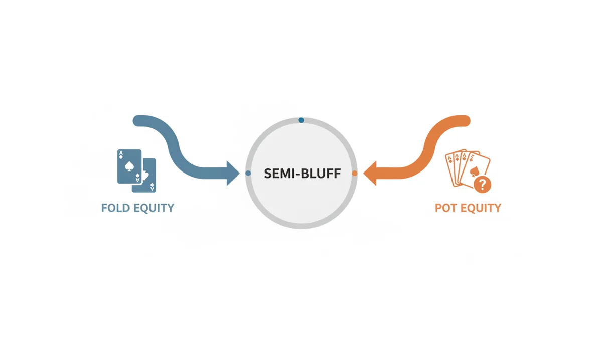 Diagram, der viser to mulige udfald af en semi-bluff: modstanderen folder (symboliseret ved foldede kort) for at give fold equity, eller du rammer dit draw (symboliseret ved et spørgsmålstegn over en kulør) for at give pot equity.