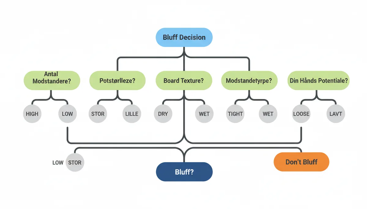 Et beslutningsdiagram for et bluff, der starter med 'Bluff Beslutning' og forgrener sig til spørgsmål om antal modstandere, potstørrelse, board texture, modstandertype og din hånds potentiale, som fører til en anbefaling om at bluffe eller ikke bluffe.