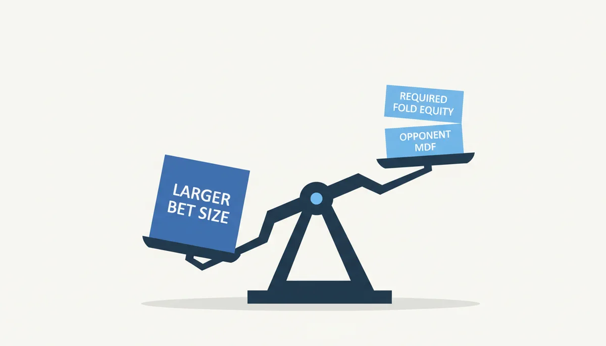 A balance scale. The left side is weighed down by a large block labeled 'Larger Bet Size'. The right side is elevated, with two smaller blocks: 'Required Fold Equity' (higher) and 'Opponent MDF' (lower), illustrating their inverse relationship to bet size.