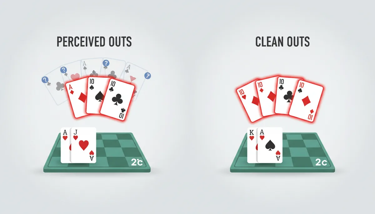 A two-part illustration comparing poker outs. On the left, 'Perceived Outs' shows the A♥J♥ hand on a K♥Q♦2♣ board, with four 10s highlighted as strong outs, and four Aces and four Jacks subtly indicated as dubious outs. On the right, 'Clean/Equivalent Outs' shows only the four 10s highlighted, representing the reliable outs.