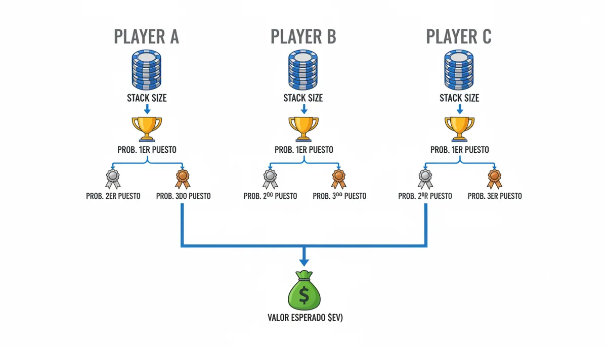 Diagrama de flujo que ilustra el cálculo ICM para tres jugadores. Comienza con los tamaños de stack, fluye hacia las probabilidades de ganar el primer puesto, luego a las probabilidades de segundo y tercer puesto, y finalmente converge en el valor esperado en dinero ($EV) para cada jugador.