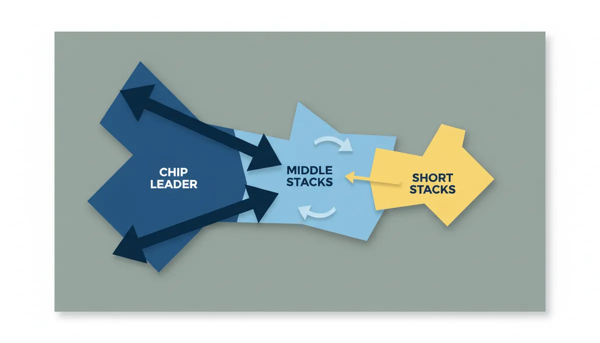 Diagrama abstracto de una mesa de póker que muestra el flujo de presión en una mesa final. Flechas grandes y agresivas se extienden desde la posición del 'Chip Leader' hacia los 'Middle Stacks'. Dentro de la zona de 'Middle Stacks', flechas más pequeñas indican cautela y una tendencia a evitar el choque. Una flecha pequeña desde los 'Short Stacks' apunta hacia el centro, simbolizando la búsqueda de oportunidades.