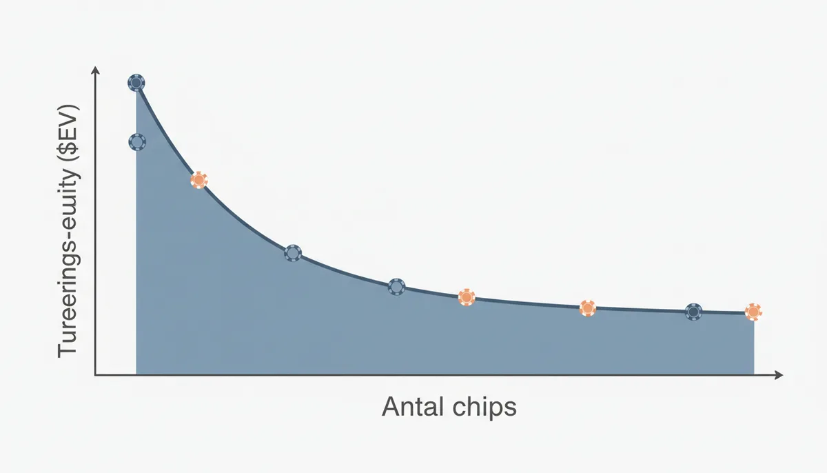 En graf der viser 'Antal chips' på x-aksen og 'Turnerings-equity ($EV)' på y-aksen. Kurven stiger stejlt i starten og flader derefter ud, hvilket illustrerer princippet om faldende marginal værdi af chips.