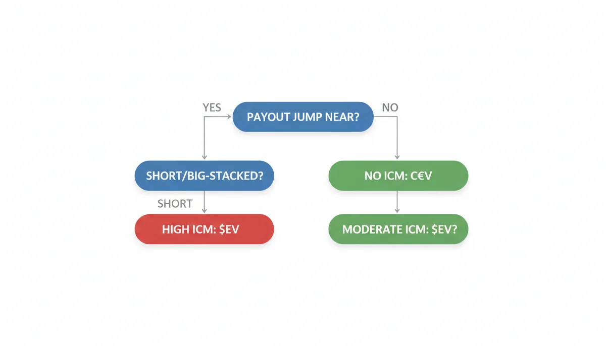 A flowchart illustrating how to recognize ICM pressure. It begins with 'Is a Payout Jump Near?' If 'No', it leads to 'No ICM Pressure: Prioritize cEV'. If 'Yes', it branches to 'Are you Short-Stacked or Big-Stacked relative to others?' If 'Short-Stacked', it leads to 'High ICM Pressure: Prioritize $EV'. If 'Big-Stacked', it leads to 'Moderate ICM Pressure: Consider $EV'.