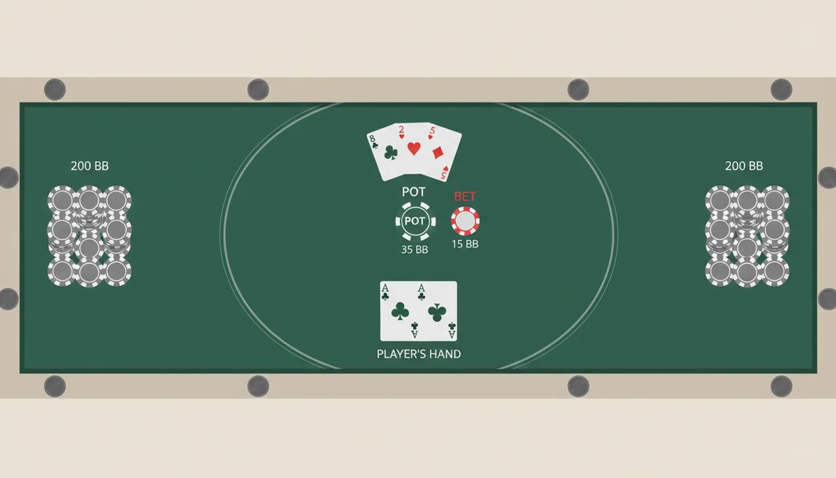 Et nærbillede af et pokerbord. Floppet viser 8♣ 2♥ 5♣. En spiller har A♣ Q♣. Puljen indeholder 35 big blinds (BB), og der er et bet på 15 BB. To chipstakke på 200 BB indikerer spillernes stackstørrelser.