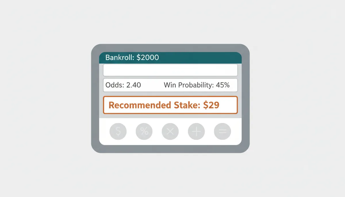 A stylized calculator interface showing input fields for bankroll, odds, and win probability, and an output field displaying the recommended stake of $29 based on the provided example values.