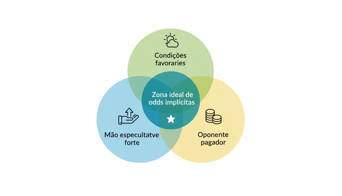 Diagrama de Venn com três círculos sobrepostos. Os círculos são rotulados 'Mão especulativa forte', 'Condições favoráveis' e 'Oponente pagador'. A interseção central dos três círculos é destacada e rotulada 'Zona ideal de odds implícitas'.