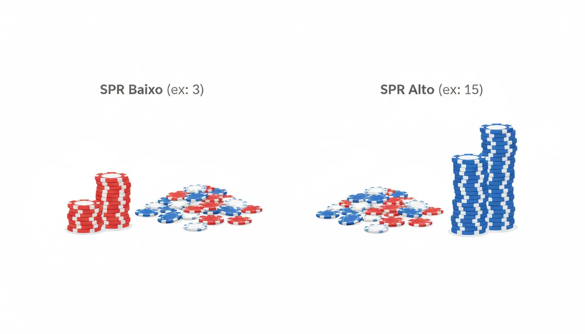 Comparação visual de dois cenários de Stack-to-Pot Ratio (SPR). À esquerda, um SPR baixo (ex: 3) com uma stack de fichas pequena e um pote maior. À direita, um SPR alto (ex: 15) com uma stack de fichas grande e o mesmo tamanho de pote.