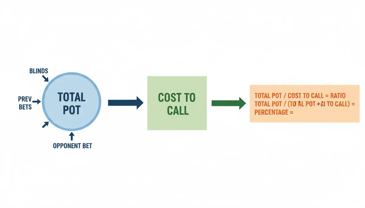 A three-step flowchart showing the calculation of pot odds. Step 1: Calculate Total Pot (Blinds + Previous Bets + Opponent's Bet). Step 2: Identify Cost to Call. Step 3: Calculate Ratio (Total Pot / Cost to Call) and Percentage (Cost to Call / (Total Pot + Cost to Call)).