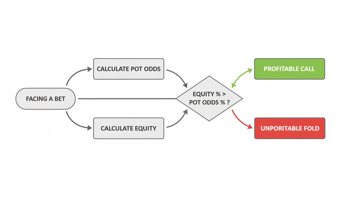A decision tree diagram. Starting with 'Facing a Bet', it branches to 'Calculate Pot Odds' and 'Calculate Equity'. These converge into a comparison 'Is Equity % > Pot Odds %?', leading to either 'Profitable Call' or 'Unprofitable Fold'.