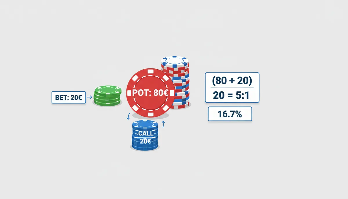 Diagrama que ilustra o cálculo das pot odds. Um pote de 80€, uma aposta de 20€ do adversário e um call de 20€ do jogador. A fórmula (80 + 20) / 20 = 5:1 é exibida, convertida para 16,7%.