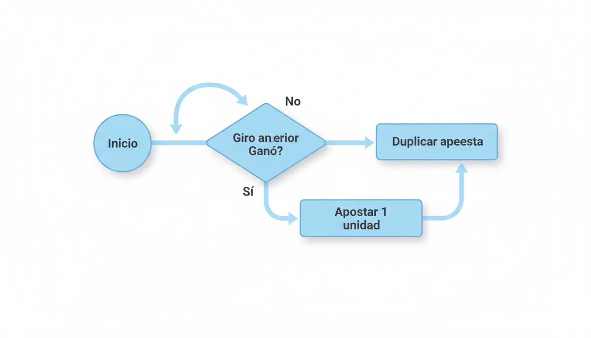 Diagrama de flujo que ilustra la estrategia Martingala. Comienza con 'Inicio', sigue con '¿Ganó el giro anterior?'. Si la respuesta es 'Sí', se apuesta 1 unidad. Si es 'No', se duplica la apuesta anterior. Ambos caminos regresan a la pregunta inicial.