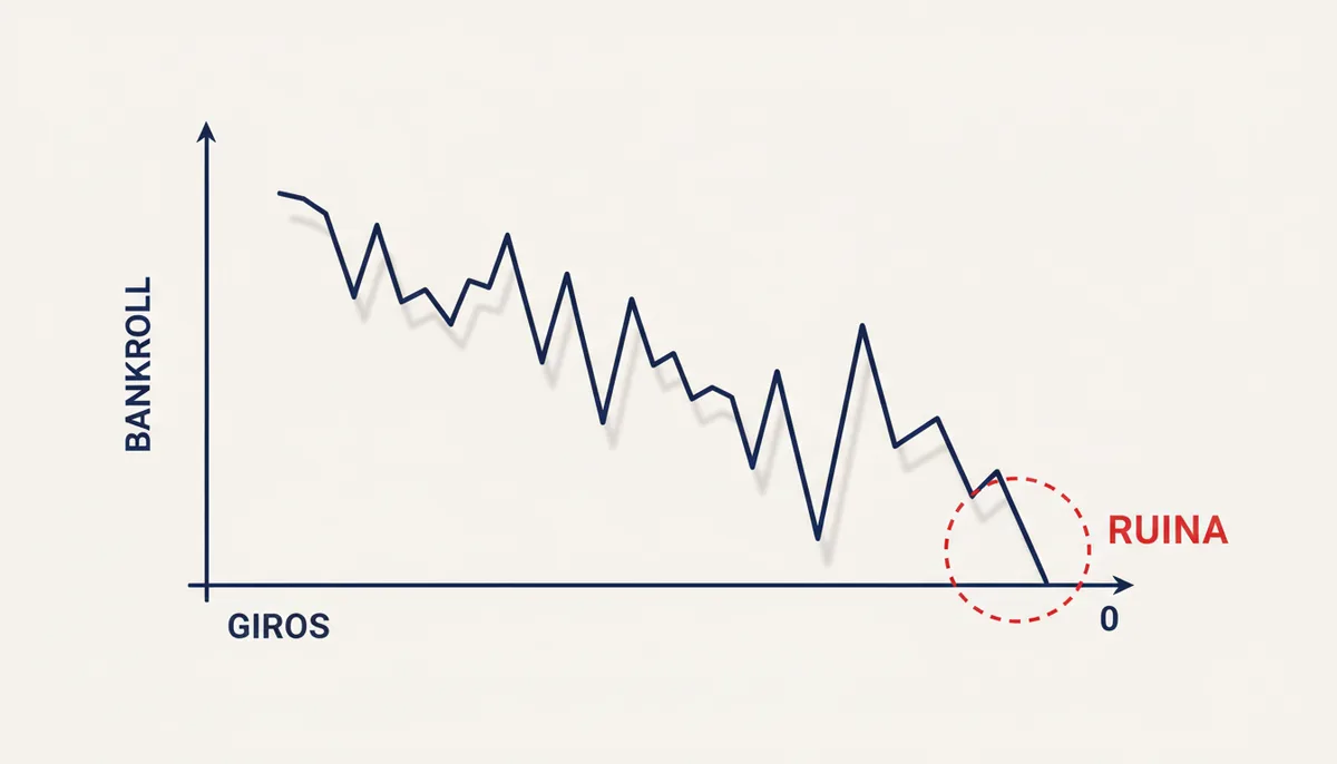A line graph showing 'Spins' on the x-axis and 'Bankroll in units' on the y-axis. A line starts high and gradually decreases, eventually dropping to zero, marking the point of ruin.