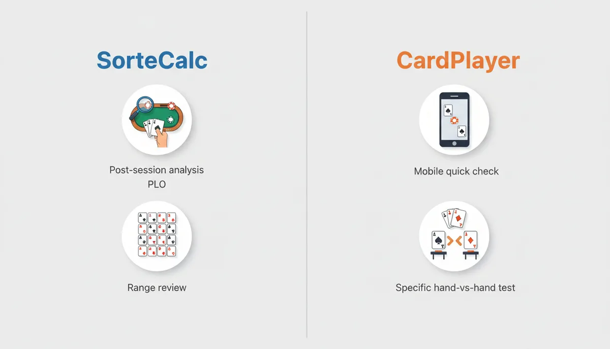 A comparison graphic showing when to use SorteCalc versus CardPlayer. SorteCalc is recommended for post-session analysis, PLO, and range review, depicted by a magnifying glass, four cards, and a hand grid. CardPlayer is recommended for mobile quick checks and specific hand-vs-hand tests, depicted by a smartphone and two poker hands.