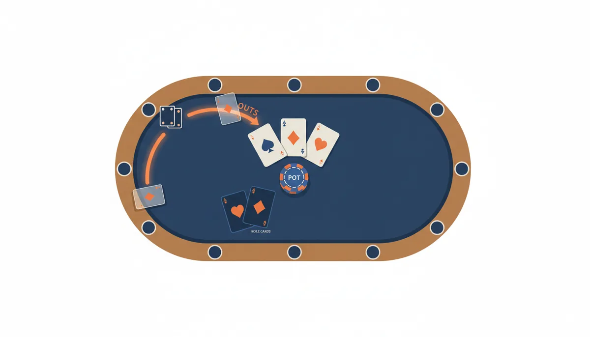 An overhead illustration of a poker table showing a player's two face-down hole cards, three face-up community 'flop' cards, and a stack of chips representing the pot. A glowing arc visually connects the concept of potential winning cards or 'outs' to the player's hand.