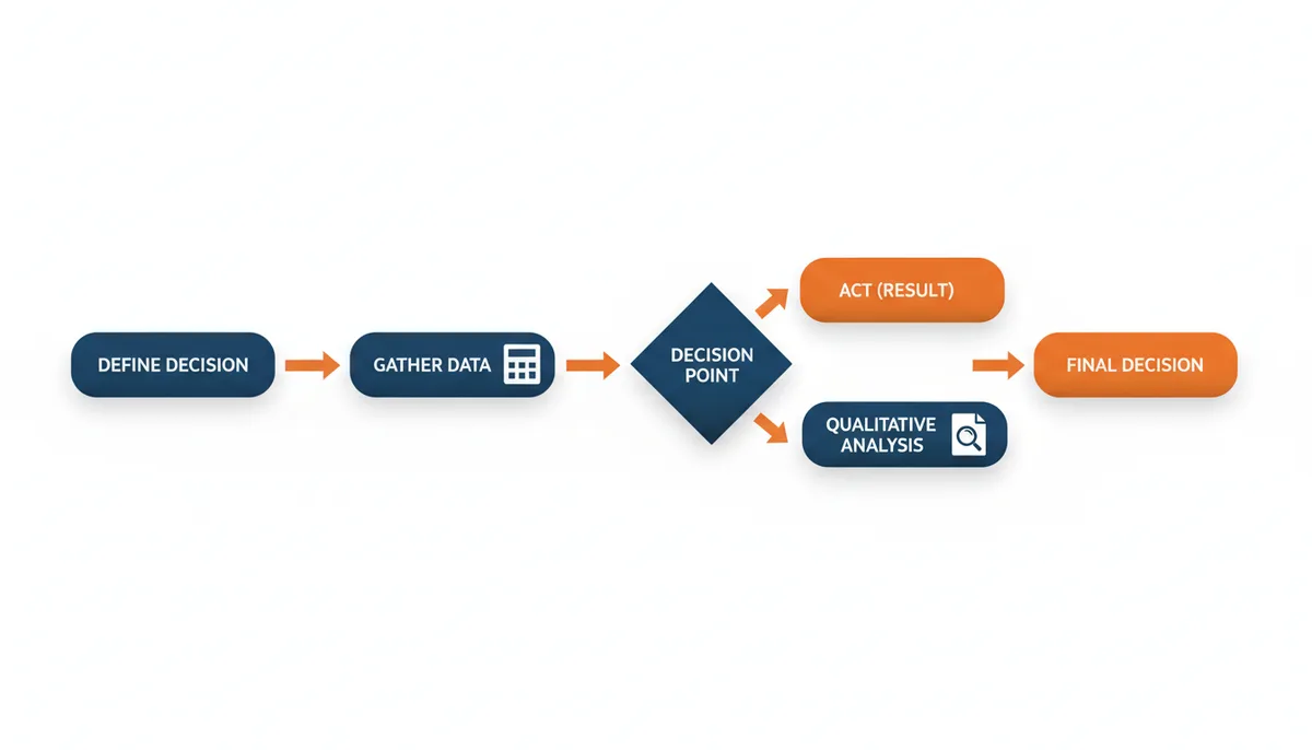 A flowchart showing a decision-making process: 'Define the Exact Decision' leads to 'Gather Data & Calculate', which leads to a 'Decision Point'. From there, one path goes to 'Act (Clear Result)' and another path goes to 'Qualitative Analysis' before reaching 'Final Decision'.